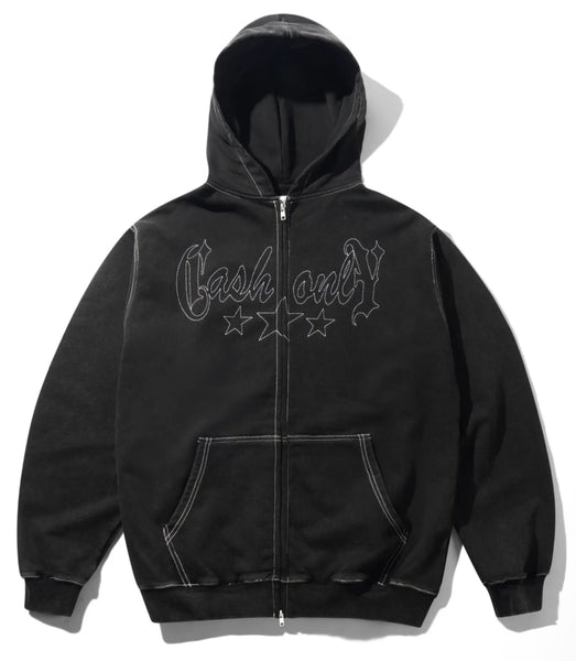 Cash Only Strip Zip Thru Hoodie / Washed Black