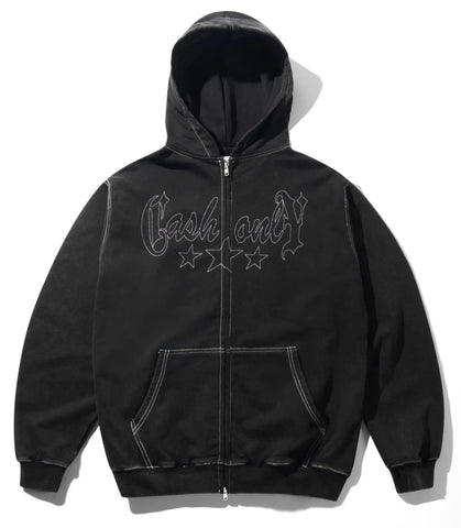 Cash Only Strip Zip Thru Hoodie / Washed Black